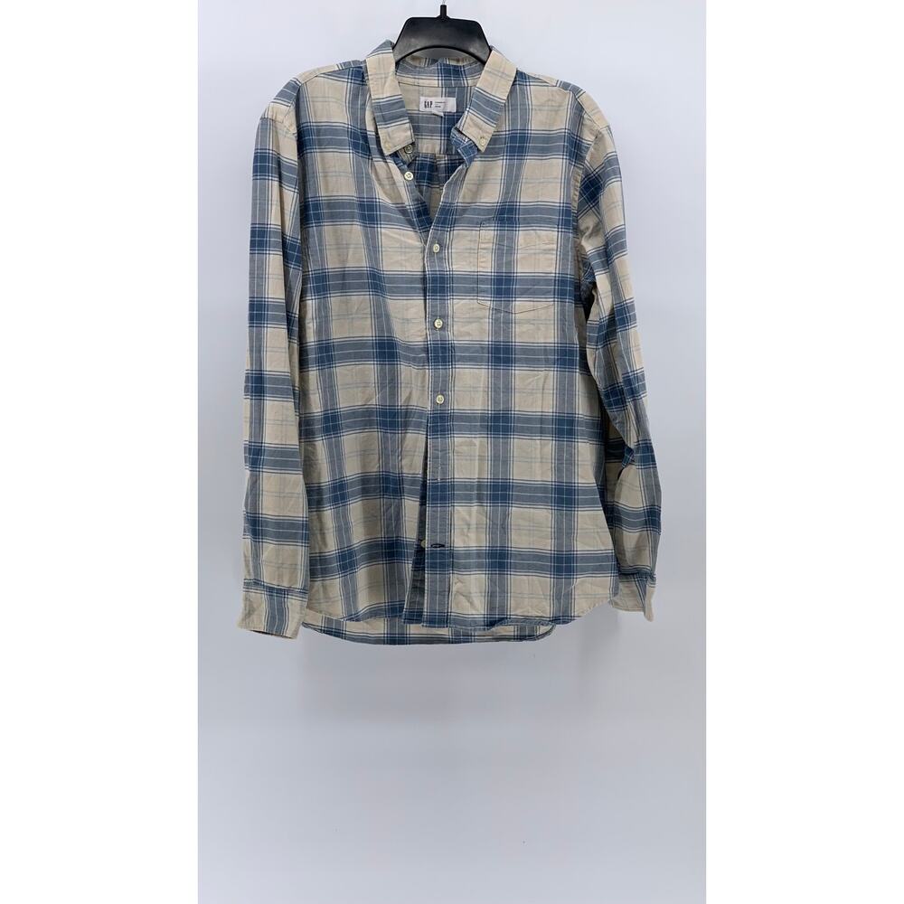 GAP Men's Blue-Cream Plaid Button-Up Long Sleeve Standard-Fit Oxford Shirt SZ L